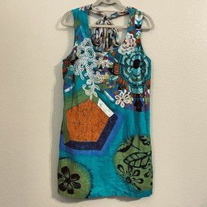 Tricotto Womens Linen Dress Size M Floral Embellished Sleeveless Teal